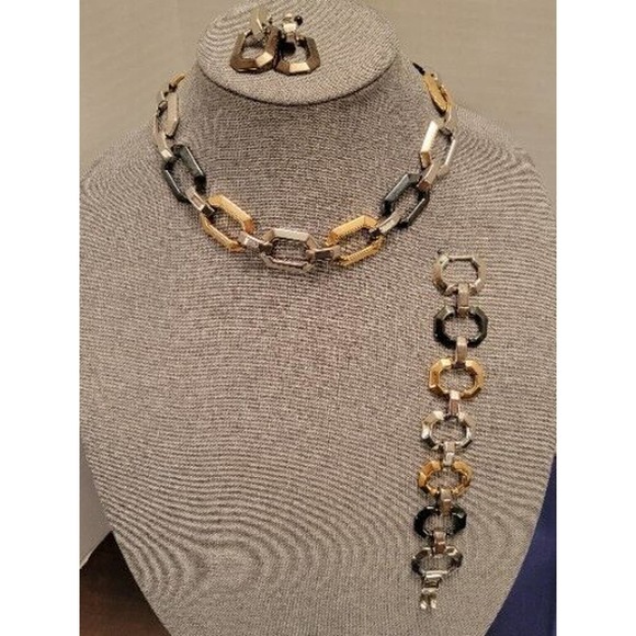 Retro Necklace Set Chunky Brutalist Chain Choker Bracelet Earring Tri Tone - Picture 11 of 12